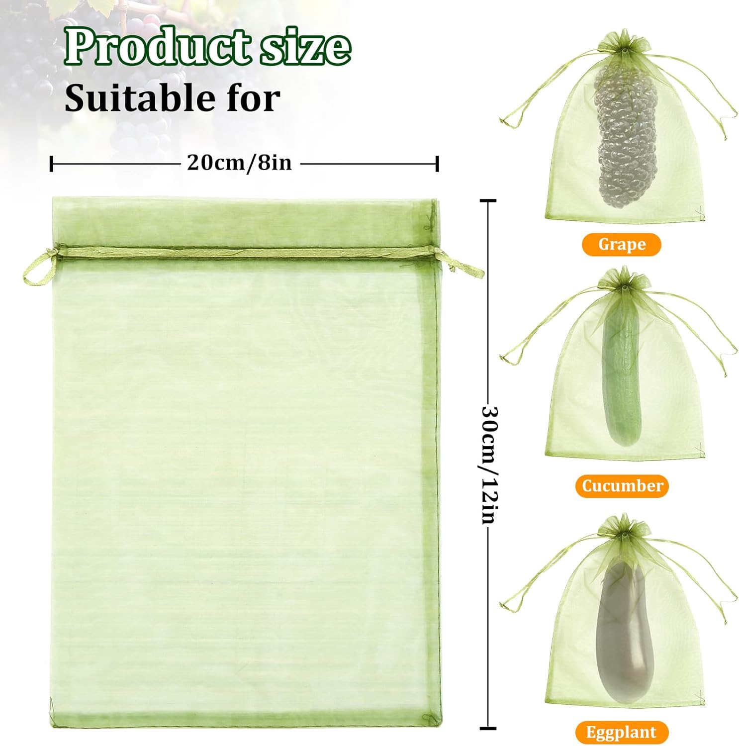 50 PCS 8X12 Inches Fruit Protection Bags, Fruit Bags for Fruit Trees, Green Netting Fruit Cover Bags Drawstring Mesh Fruit Protectors Pest Barrier for Fruit Trees Veggies Garden image number 3