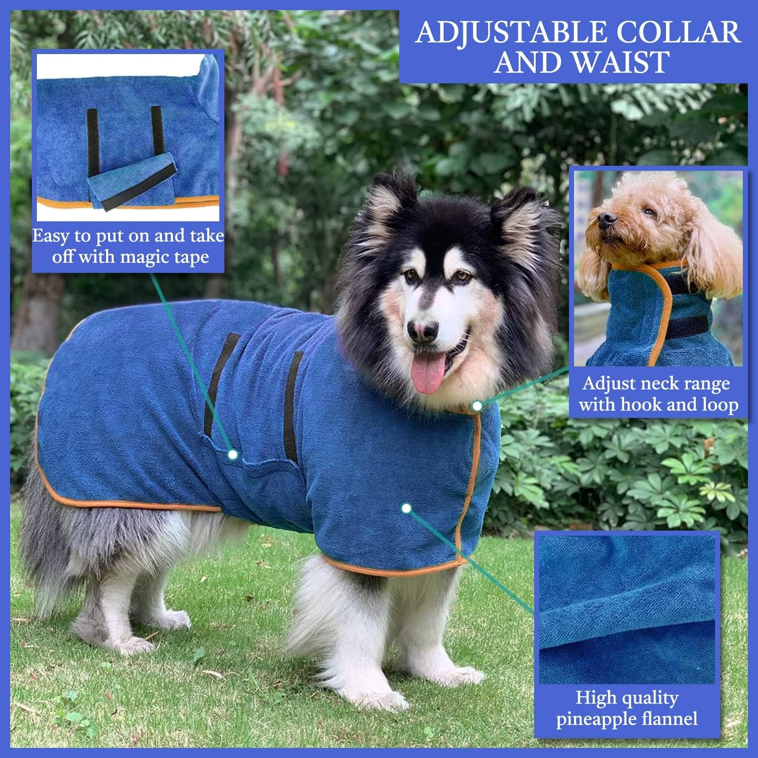 Dog Bathrobe, Dog Drying Coat with Velcro Closure, Microfiber Dog Drying Robe, Adjustable Collar and Waist Pet Towel, Quick Drying and Moisture Absorption to Prevent Pet Hair Loss image number 6