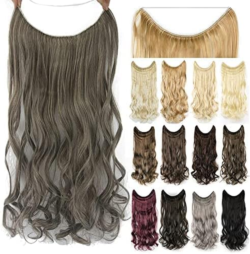 IMISSU 22'' 26'' Long Body Wavy Hair Extensions Fish Line Hairpiece Synthetic Invisible Secret Wire Headwear Flip Curly Hair Extension Pieces (22 Inch,613 Blonde)