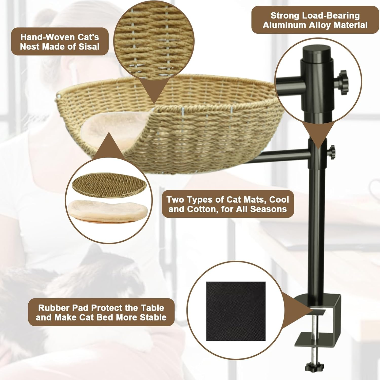 PTEROMYS Cat Desk Bed, Cat Bed for Desk Perch with Paper Rope Material, Steel Frame, Adjustable Height, 360 Rotating Cat Desk Bed, Suitable for Cats 22 Pounds (Beige) image number 1