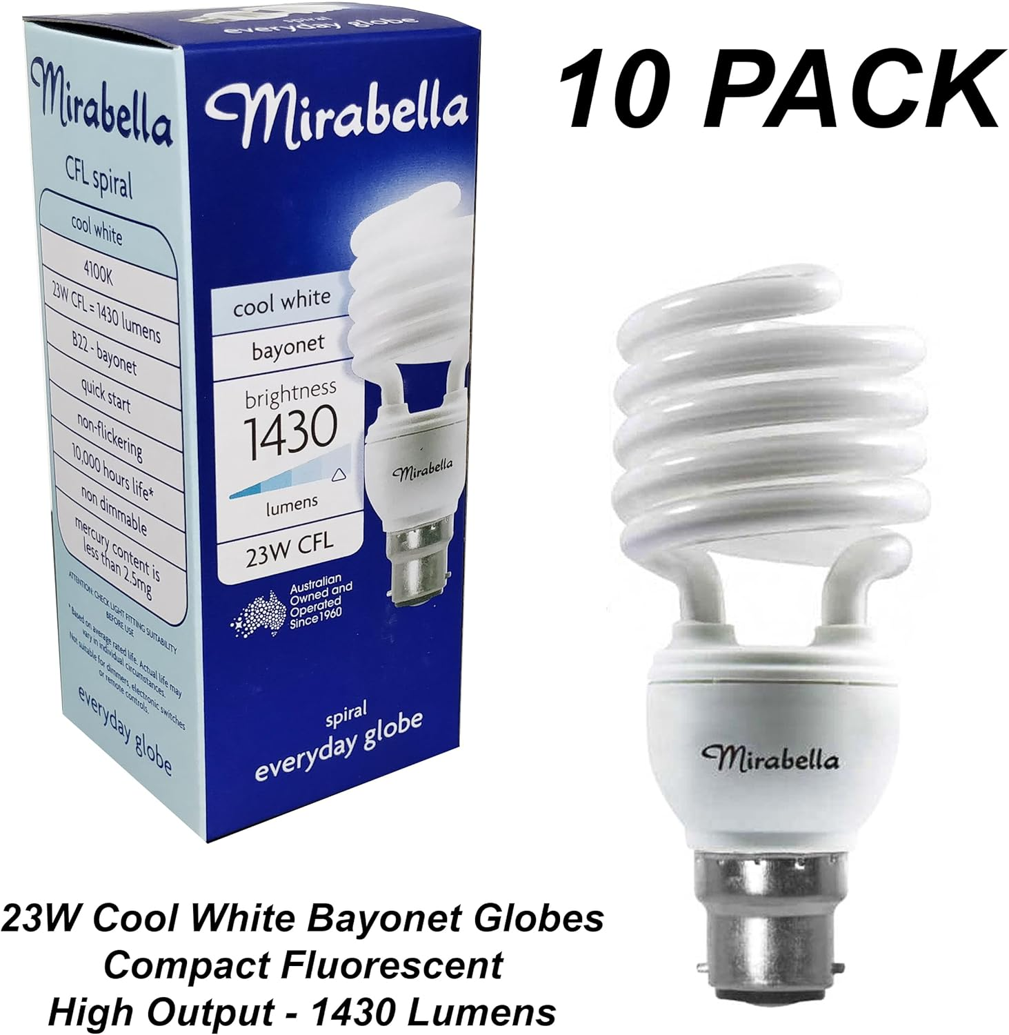 10 X 23W High Output CFL Globes Bulbs Cool White 4000K Bayonet BC B22 Compact Fluorescent image number 3