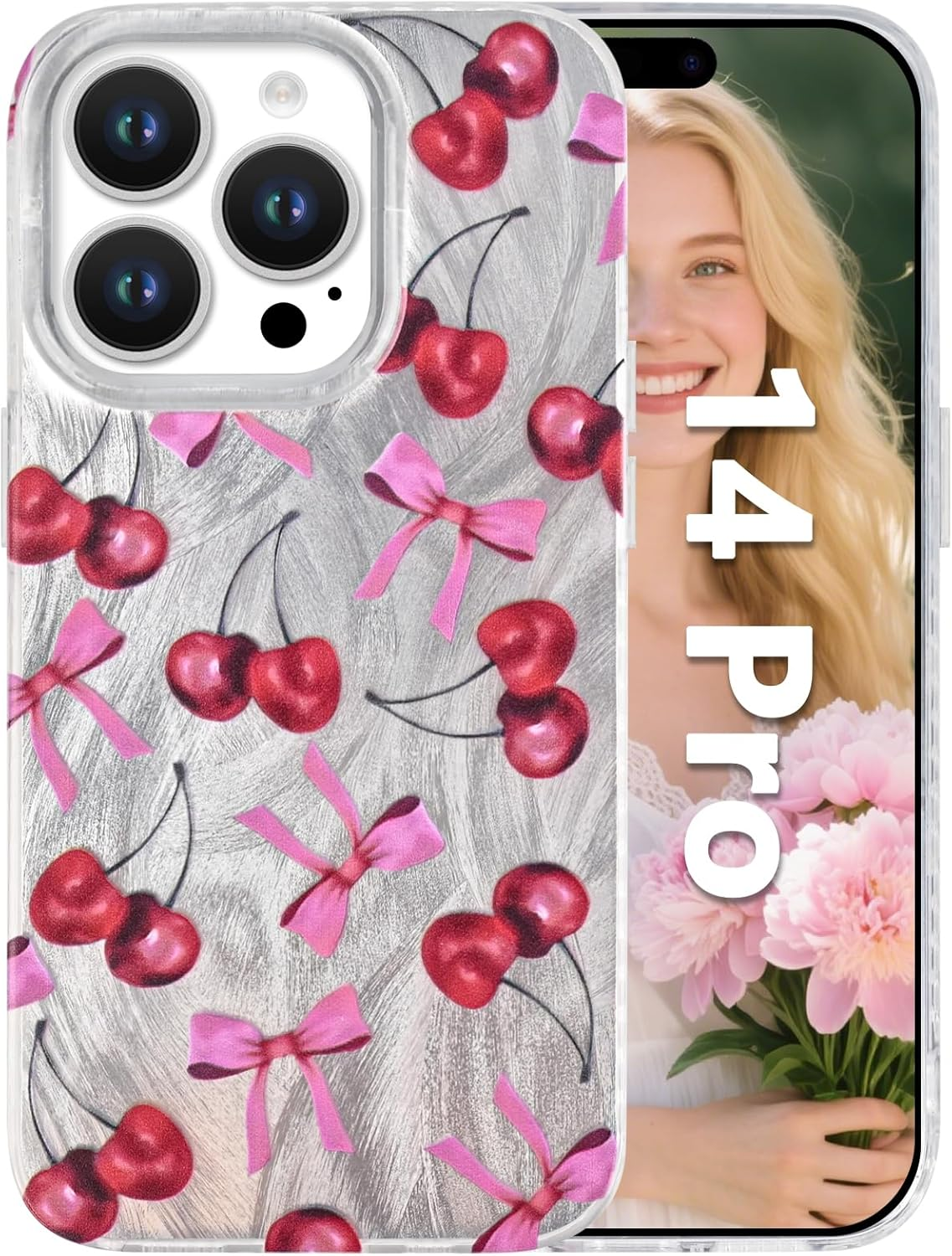 Tcaraersing for Iphone 14 Pro 6.1" Girly Case, Glossy Colorful Retro Oil Painting with Cherry Pattern, Cute Curly Wave Frame Exquisite Soft TPU Mobile Cover for Girls Women