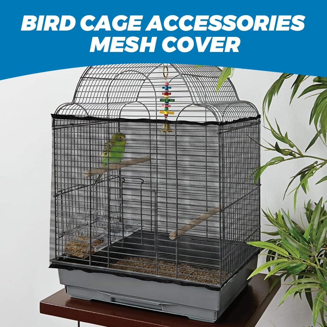 JEYORZY 1 X Bird Cage Cover, Adjustable Bird Cage Cover, Bird Cage Seed Catcher, Protective Net for Bird Cages, Parrots, Nylon Mesh, Suitable for Cages with a Circumference of 152-180 Cm, Black-L - Black-L image number 2