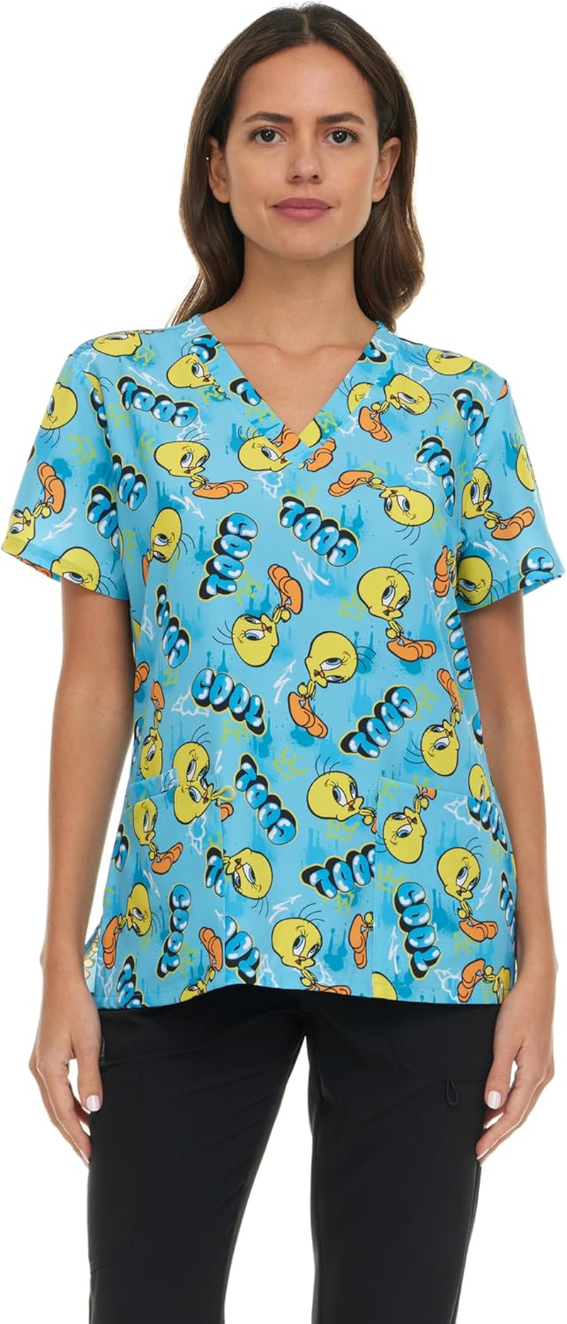 COCO BRANDS Looney Tunes Women'S All over Print, V-Neck Scrub Top with Pockets - Comfortable Work Uniform