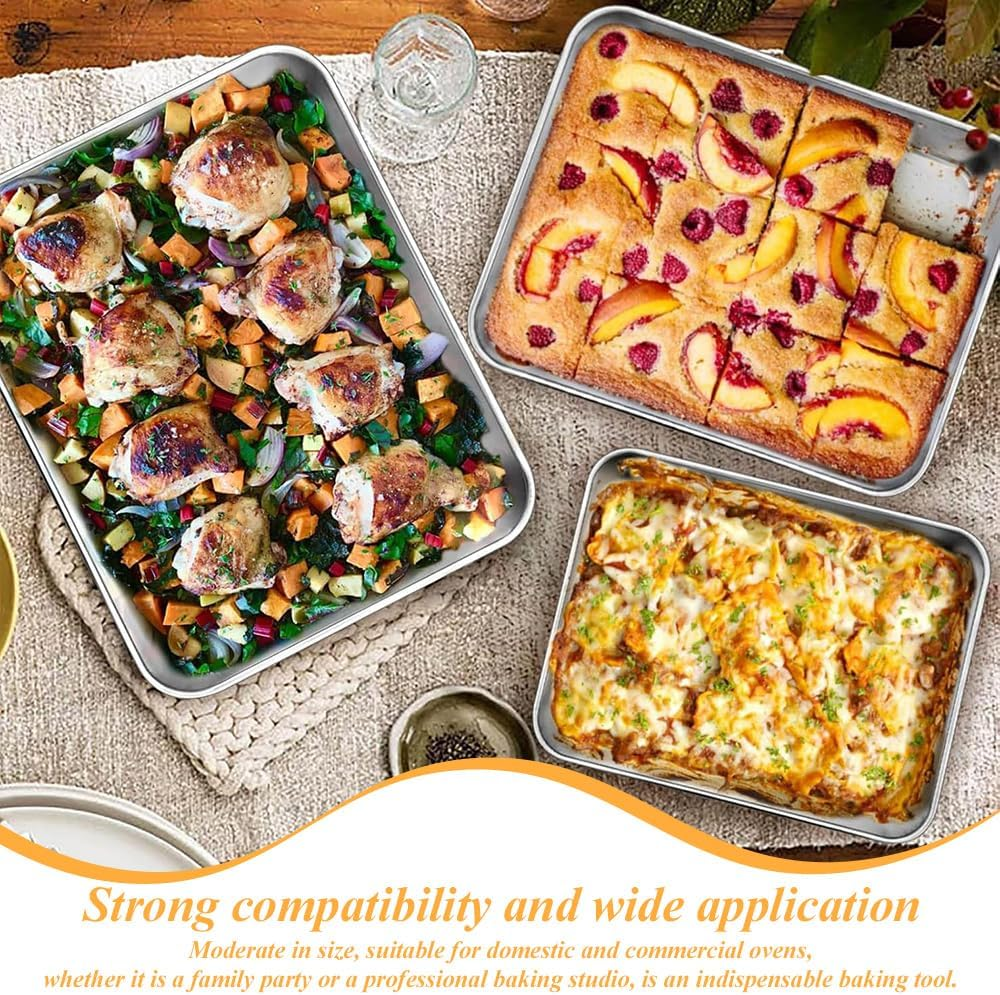 Baking Sheet Set of 3, Stainless Steel Baking Tray, 26/31/40CM, Healthy & Heavy-Duty, Easy Clean Plate, Rectangle Bakeware Set, for Lasagna Cake Brownie image number 3