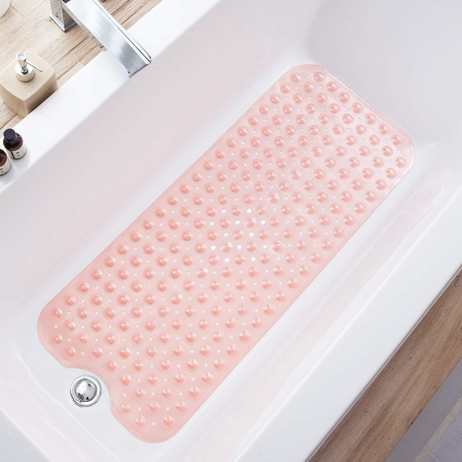 TEESHLY Bathtub Mats for Shower Tub Extra Long Non-Slip Bath Mat, 39 X 16 Inch Shower Mat with Drain Holes and Suction Cups, Bath Tub Mat for Bathroom with Machine Washable (Clear Grey)