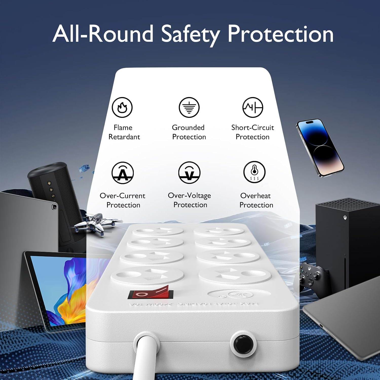 Powerboard, Power Strip with Switch,2M Extension Power Cord, 2400W/10A,Surge Protector with 8 AC Outlets,Wall Mountable, for Home Office image number 2