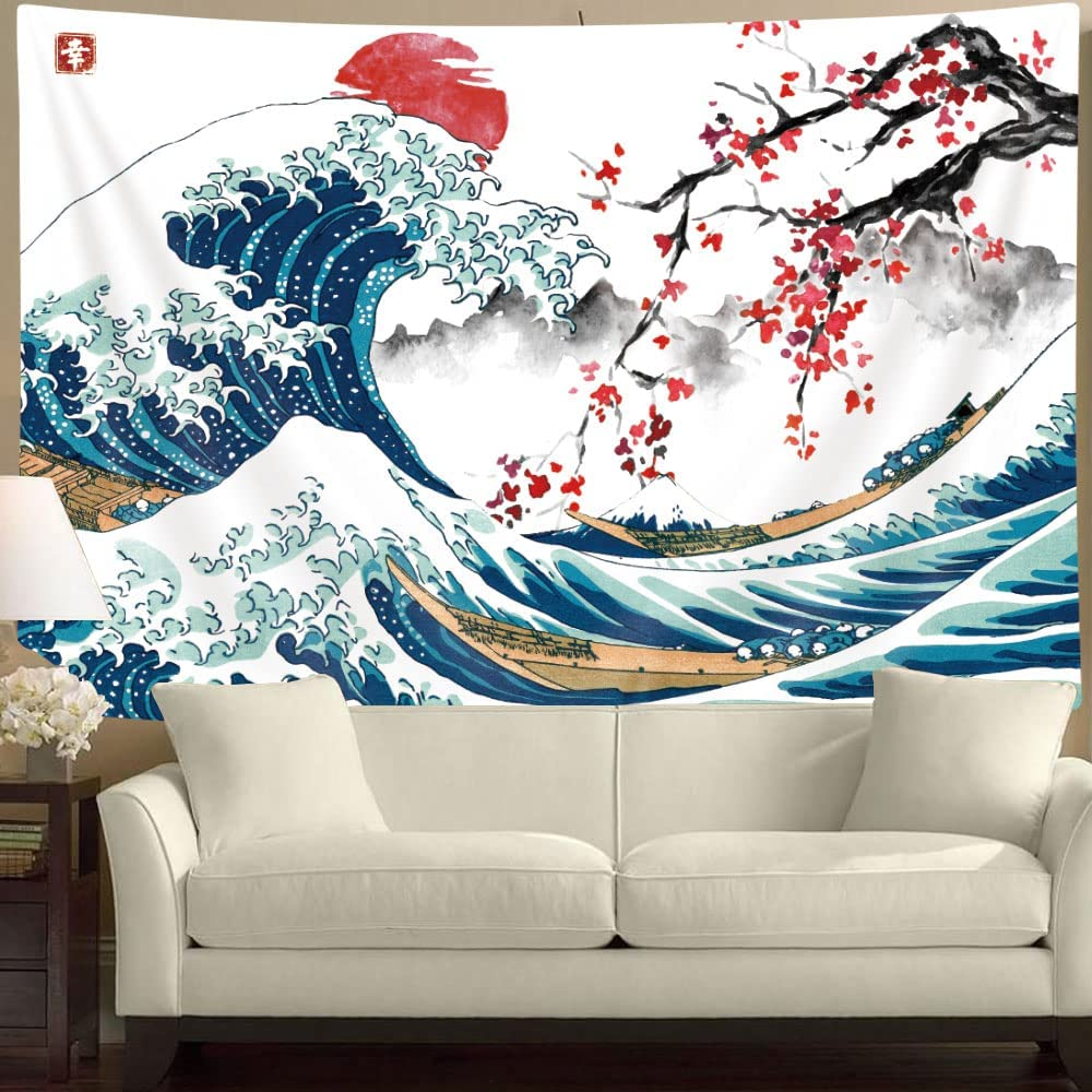 MERCHR Japanese Wave Wall Tapestry, Cool Ocean Wave Decoration, Asian Anime Mount Red Sun Cherry Blossom - 60X40 Inches image number 5