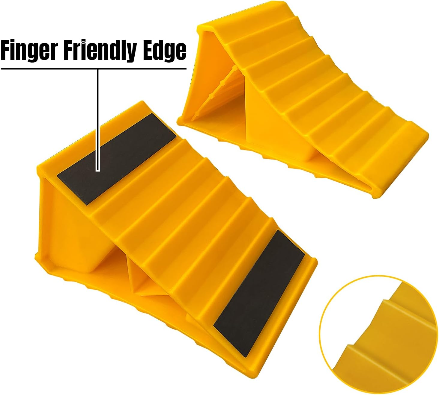 2 Pairs Wheel Chocks for Travel Trailers, Non Slip Heavy Duty Yellow Wheel Chock with Rope, Lightweight Wheel Stoppers for Cars Camper Trucks Rvs, Easy to Carry & Suitable for Most Tyre Sizes image number 4