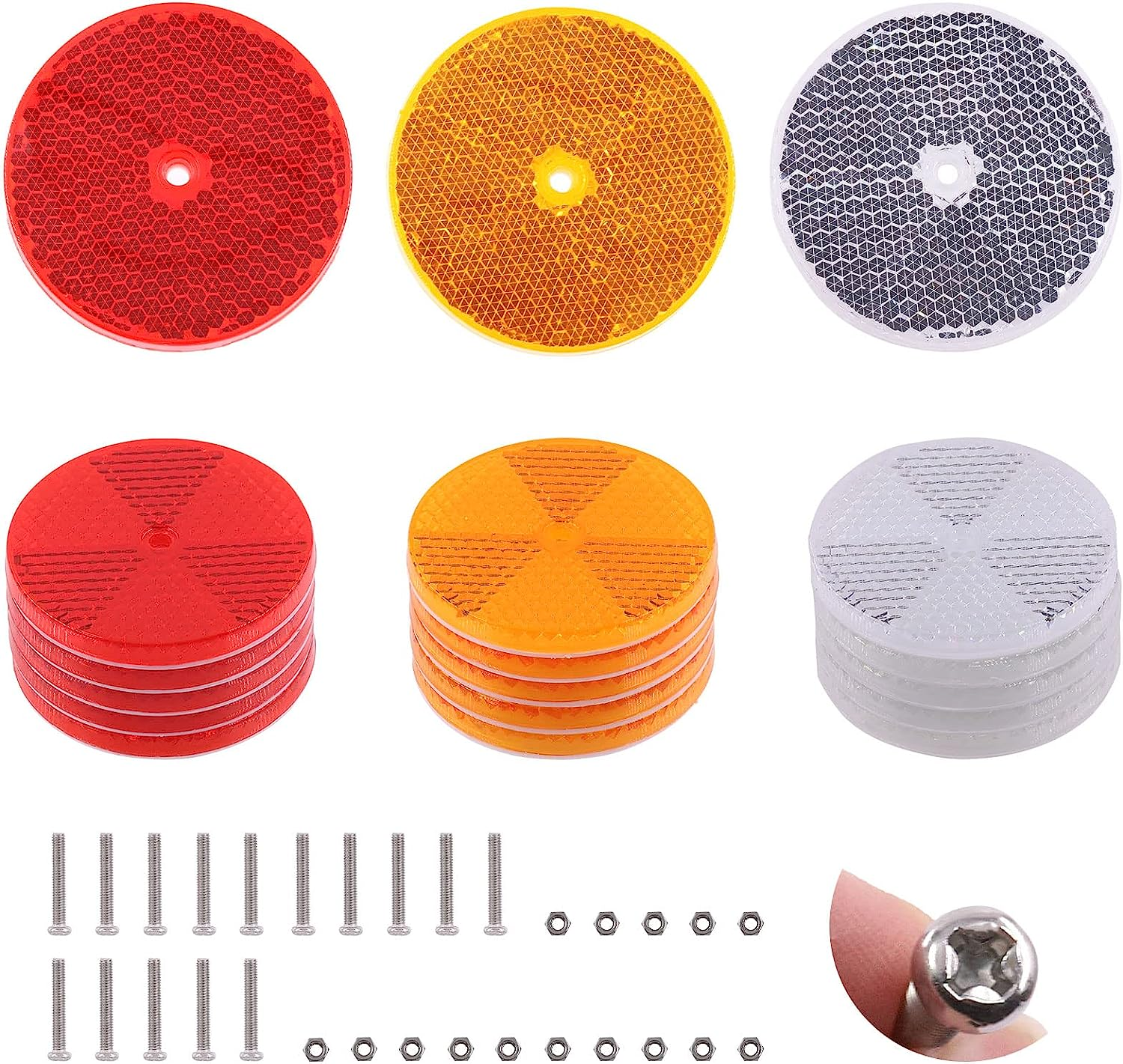 Swpeet 45Pcs round Front Reflector Driveway Trailer Reflectors, 3 Colors of Reflective Mailbox Reflector with Center Mounting Hole with 304 Stainless Steel Screw Used for Roads Mailboxes Tunnels image number 2