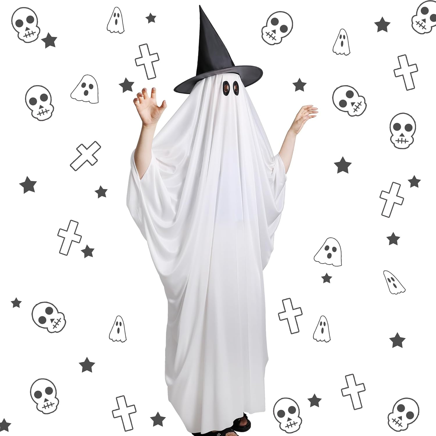 Halloween Ghost Costume Kit- Fancy Dress Cosplay Ghost Costume- Halloween Cape Top White Ghost Ornament image number 4