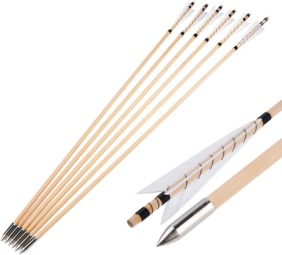 32 Inch Wooden Arrow English Longbow Arrow Target Pracrice Arrow Shaft with 5" Turkey Feather Fletching and Field Point for Recurve Bow Longbow Traditaonal Bow image number 6