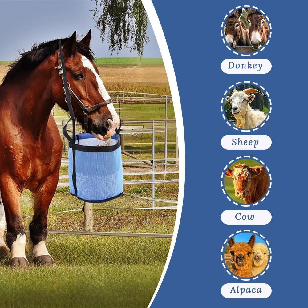 2 Pack Horse Feed Bags with Adjustable Halter Strap, Horse Feed Bucket, Mouth Hay Bag, Durable Mesh Grain Feeder for Feeding Horses (Blue) image number 3