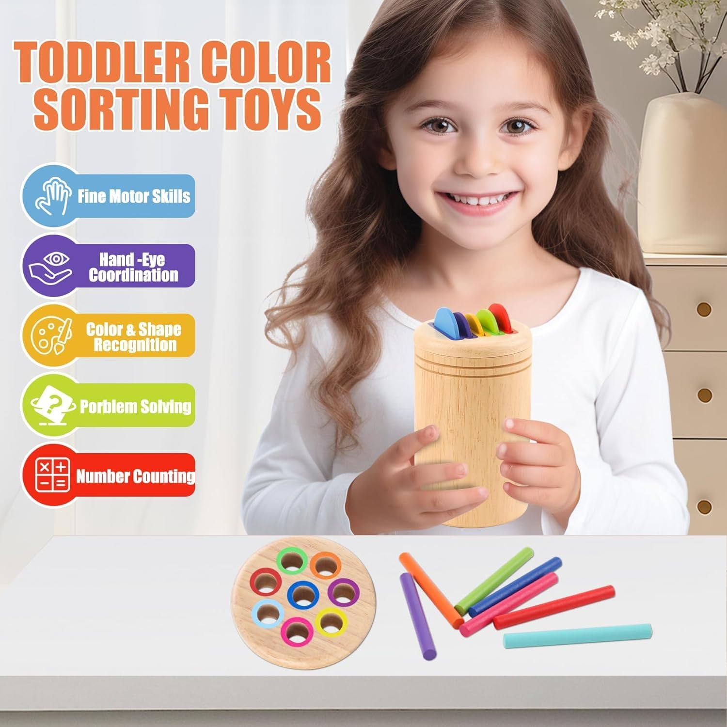 TUNJEJINY Montessori Toys for 1-3 Year Old, Dual Play Wooden Color Sorting Toys Preschool Learning Activities, Fine Motor Sensory Matching Games for Toddlers 3-5 Girl Boy Gifts image number 3