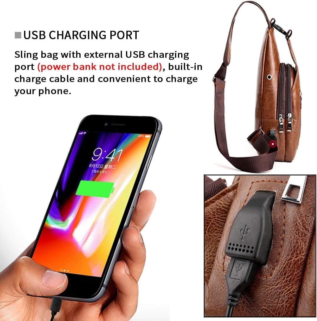 MAIABLEAU Men Sling Bag anti Theft Shoulder Bag Small Leather Crossbody Sling Backpack with USB Charge Port image number 4