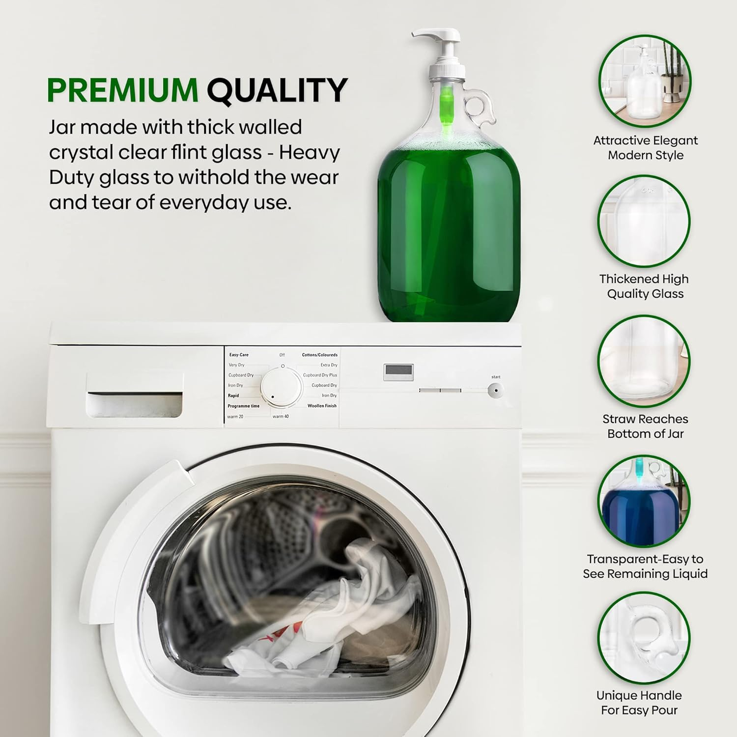 Kitchentoolz Gallon Glass Pump Dispenser Bottle, Large Jug Laundry Liquid Detergent Dispenser with Pump for Laundry Room Organization, Soap, Fabric Softener, Commercial Condiment Dispenser- 128 Oz image number 4