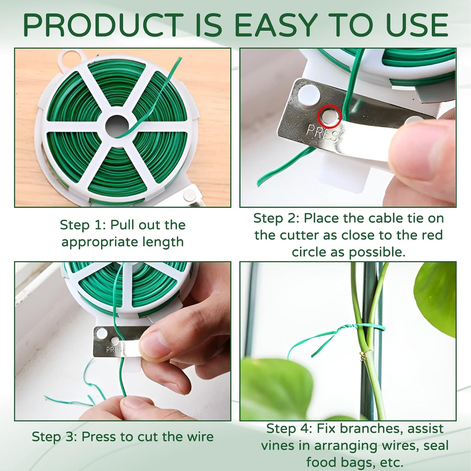 100 M Plant Wire Binding Wire, Plant Binding Wire, Coated Green, Lumens Wire, Garden Wire, Soft, Plant Cord with Built-In Cutter for Gardening, Climbing Plants, Vines, Shrubs and Flowers image number 2