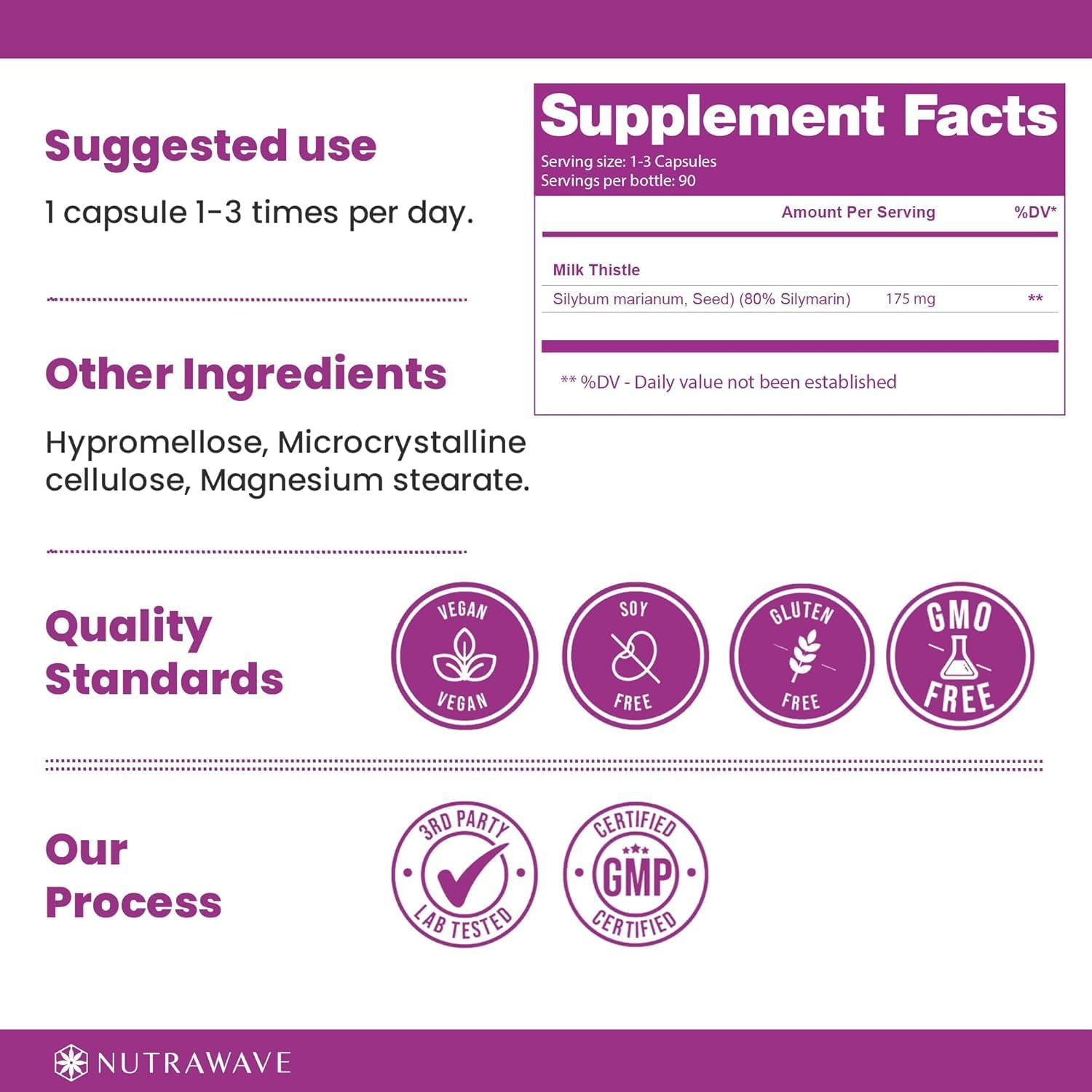 Nutrawave PURE HIGHEST POTENCY 175Mg MILK THISTLE Capsules for Women and Men, Non-Gmo, Vegan, Gluten Free. 90 Capsules. (1 Pack)