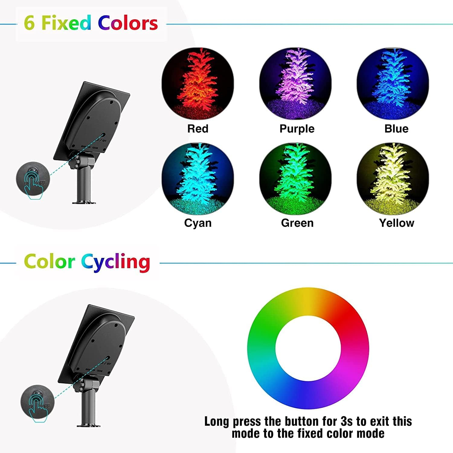 T-Sun RGB Solar Spotlights,Garden Solar Spot Lights Outdoor,6-In-1,Ip65 Waterproof,Multi-Colors,6 Color Changing & Fixed Color,For Yard Driveway Pool Area Wall Tree Pathway Lawn Decoration