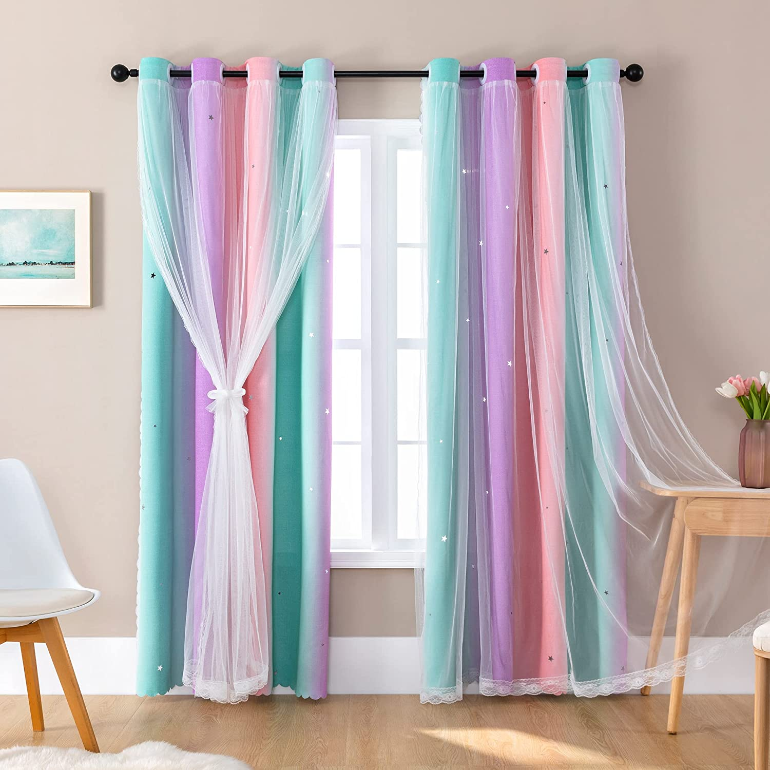 Xidi Curtains for Girls Bedroom 2 Panel Set, Thermal Insulated Window Ombre Panels, Rainbow Pink Drapes for Kids Room Unicorn Wall Decals, Black Out Curtains 160Cm Long Pink/Purple/Green W132 X L160 image number 2