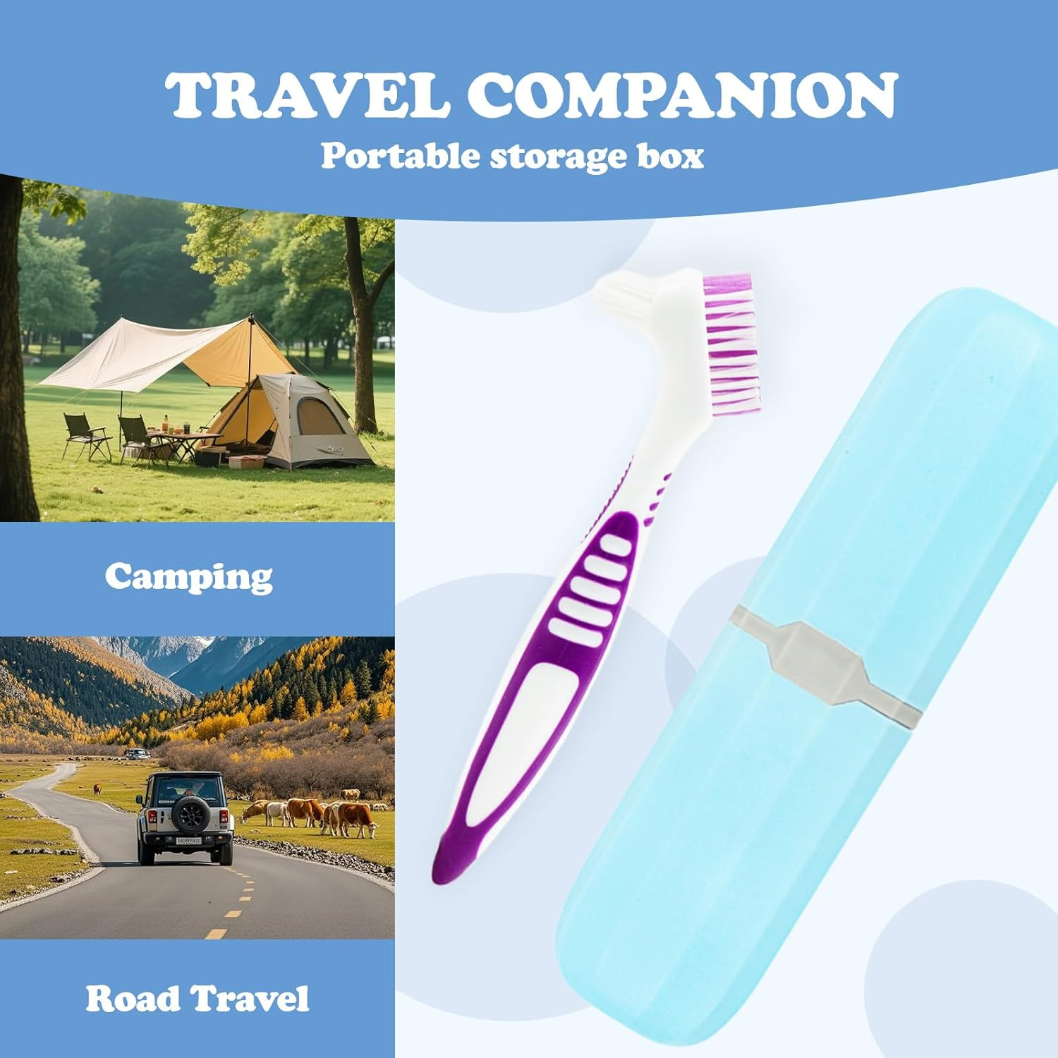 4 Pcs Denture Cleaning Brush and 1 Pcs Storage Case, Portable Denture Toothbrush, Retainer Brush With, Double Sided Toothbrush (4 Colors and Blue) image number 2
