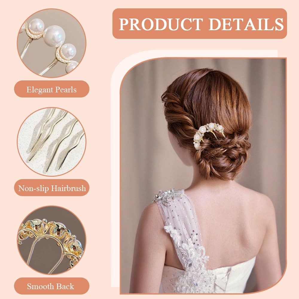 TRKETK Pack of 4 Beads Hair Pins in U Shape Women'S Pearl French Hair Clip Metal Hair Pin Vintage Hair Fork Clips for Women Weddings and Parties Thick Hair Bun Twist Hair Fork image number 4