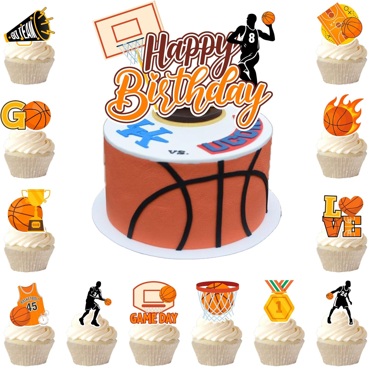 Basketball Cake Topper, 24 Pcs Basketball Cupcake Toppers/Party Cupcake Toppers & 1 Pcs Cake Decorations/Birthday Cake Topper for Party Decorations Supplies image number 4