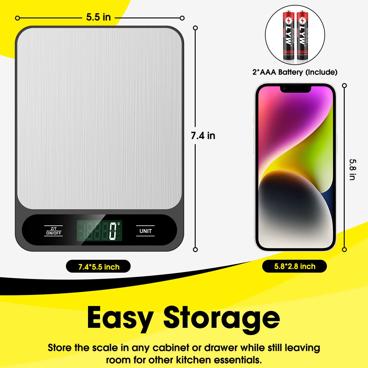 Mik-Nana Food Scale Black, 22Lb/10Kg Digital Kitchen Scale Grams and Oz for Baking Cooking and Weight Loss, 1G/0.04Oz Precise Graduation, Easy Clean Stainless Steel - Black image number 3