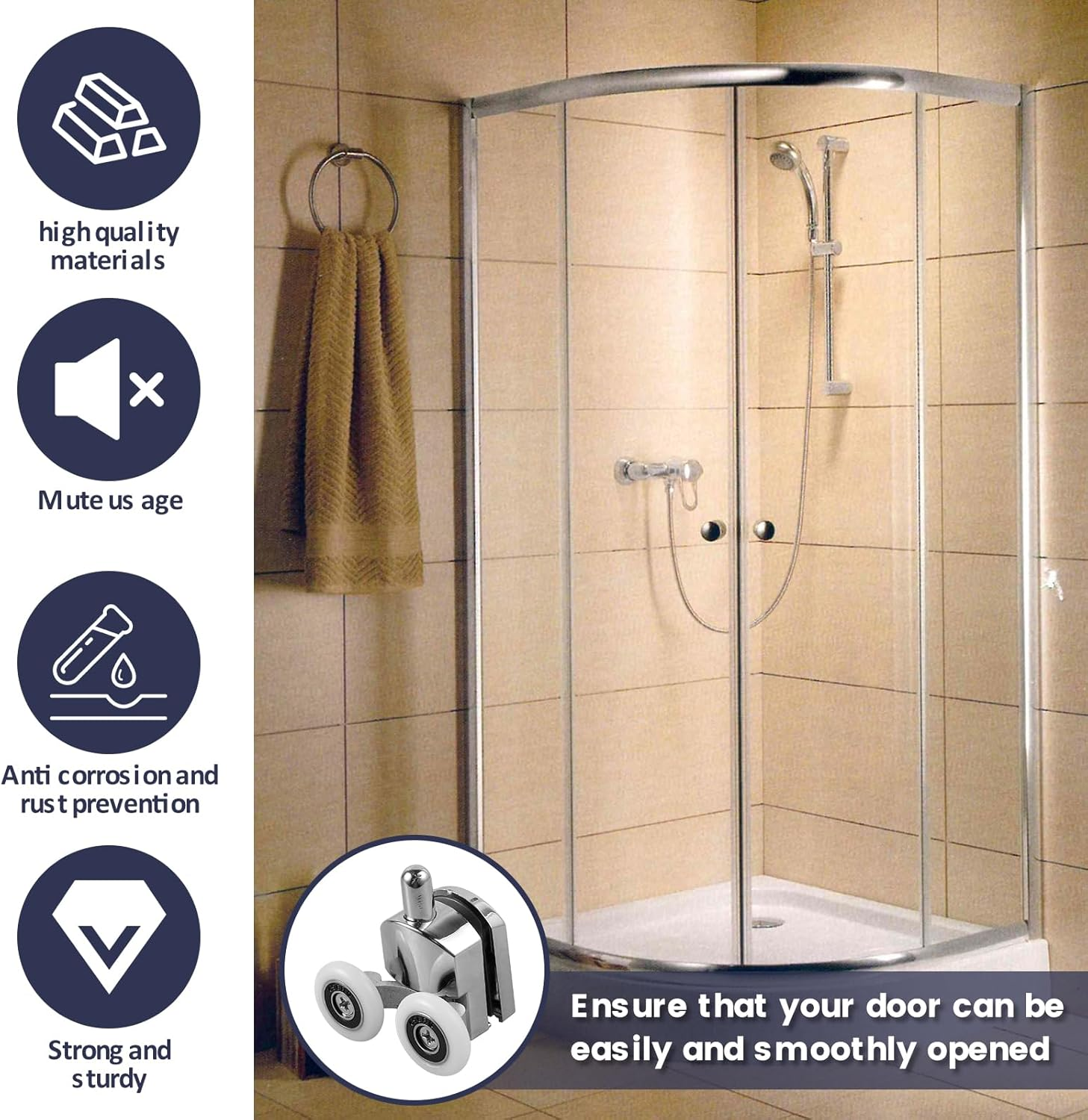 8Pcs Curved Shower Door Rollers 23Mm Aluminum Alloy Top and Bottom Shower Wheel Quiet Shower Door Pulley Replacement with Anti-Collision Pad and Screws for 4-6Mm Glass Door image number 1