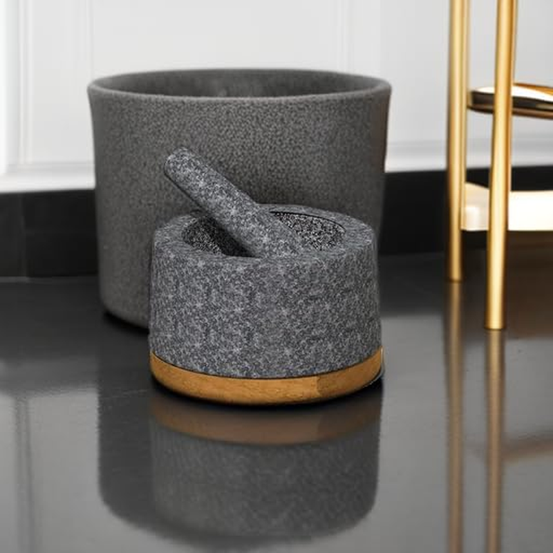 KYONANO Mortar and Pestle Set with Acacia Wood Base, 5.5-Inch Guacamole Bowl, 100% Natural Granite, Stone Grinder for Spices, Extra Large Pestle Heavy & Durable, Molcajete Bowl, 2 Cup Capacity image number 5