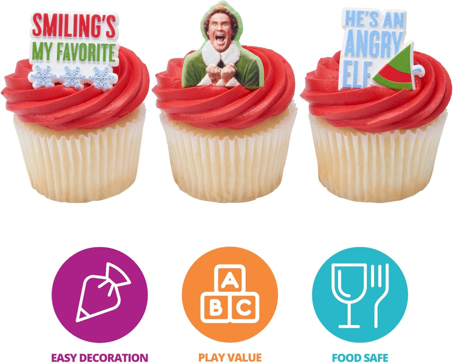 Decopac Elf Smiling'S My Favorite Festive Rings, Christmas Cupcake Decorations for Holiday Celebrations and Parties &ndash; 24 Pack image number 5