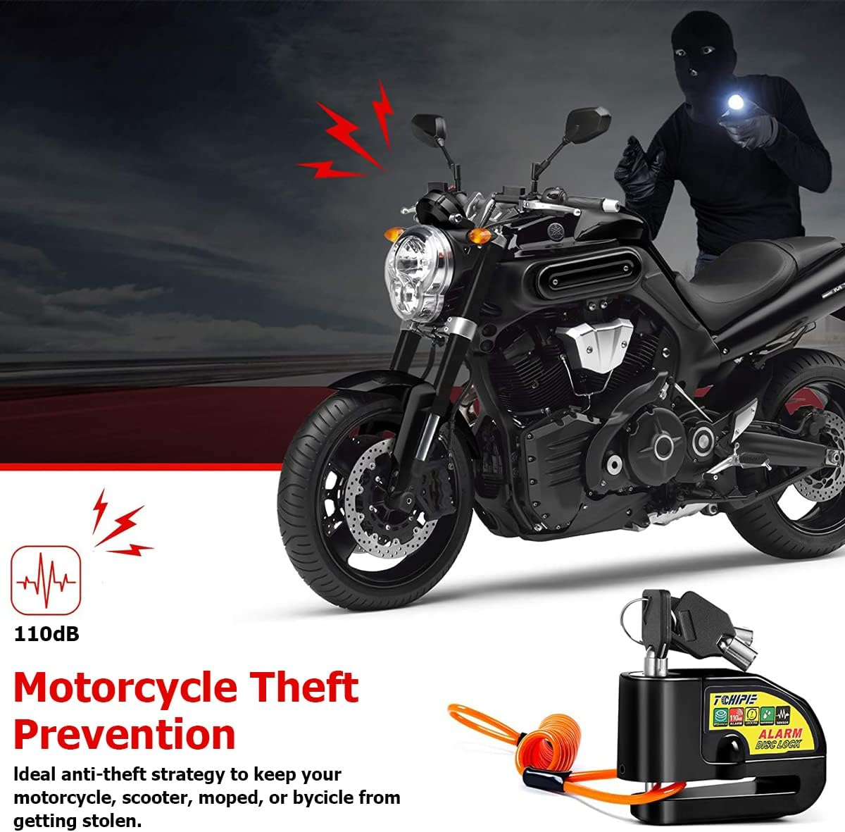 Motorcycle Alarm Disc Brake Lock, Anti-Theft Security 110Db Alarm Sound, Waterproof Wheel Padlock with Keys and Reminder Cable, Auto Accessories for Motorbike, Scooter, Bike, Moped (Black) image number 1