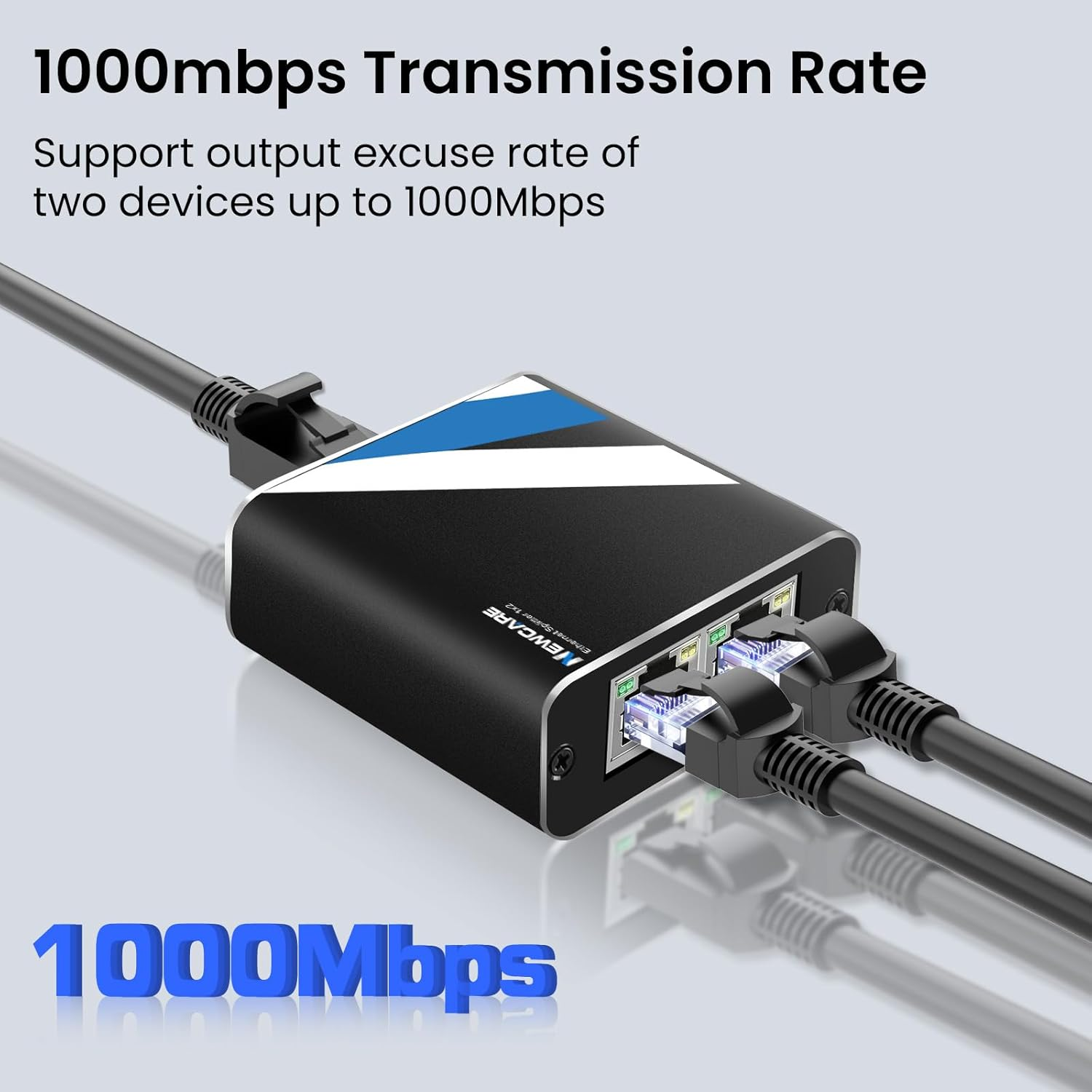 RJ45 Ethernet Splitter 1 to 2 Out, NEWCARE 1000Mbps Network Splitter with USB Power Cable, Gigabit LAN Splitter Connector for Cat 5/5E/6/7/8 (Black) image number 1