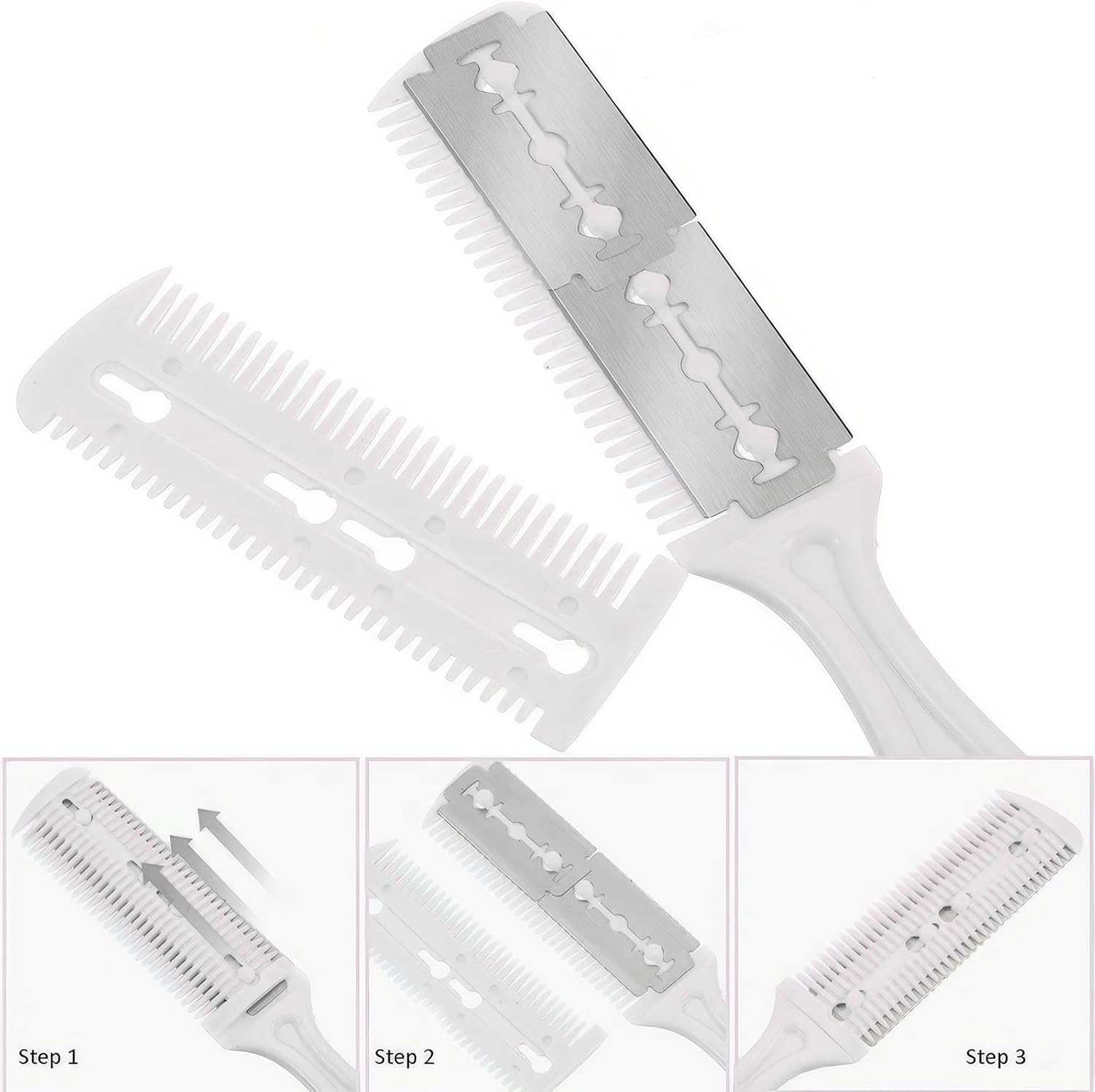 SWYSGS Pack of 2 Thinning Knife Hair Razor Comb with 10 Replacement Blades Double-Sided Hair Cutting Trimmer Comb Thinning Hair Cutting Tool for Haircut and Styling, White and Black image number 2