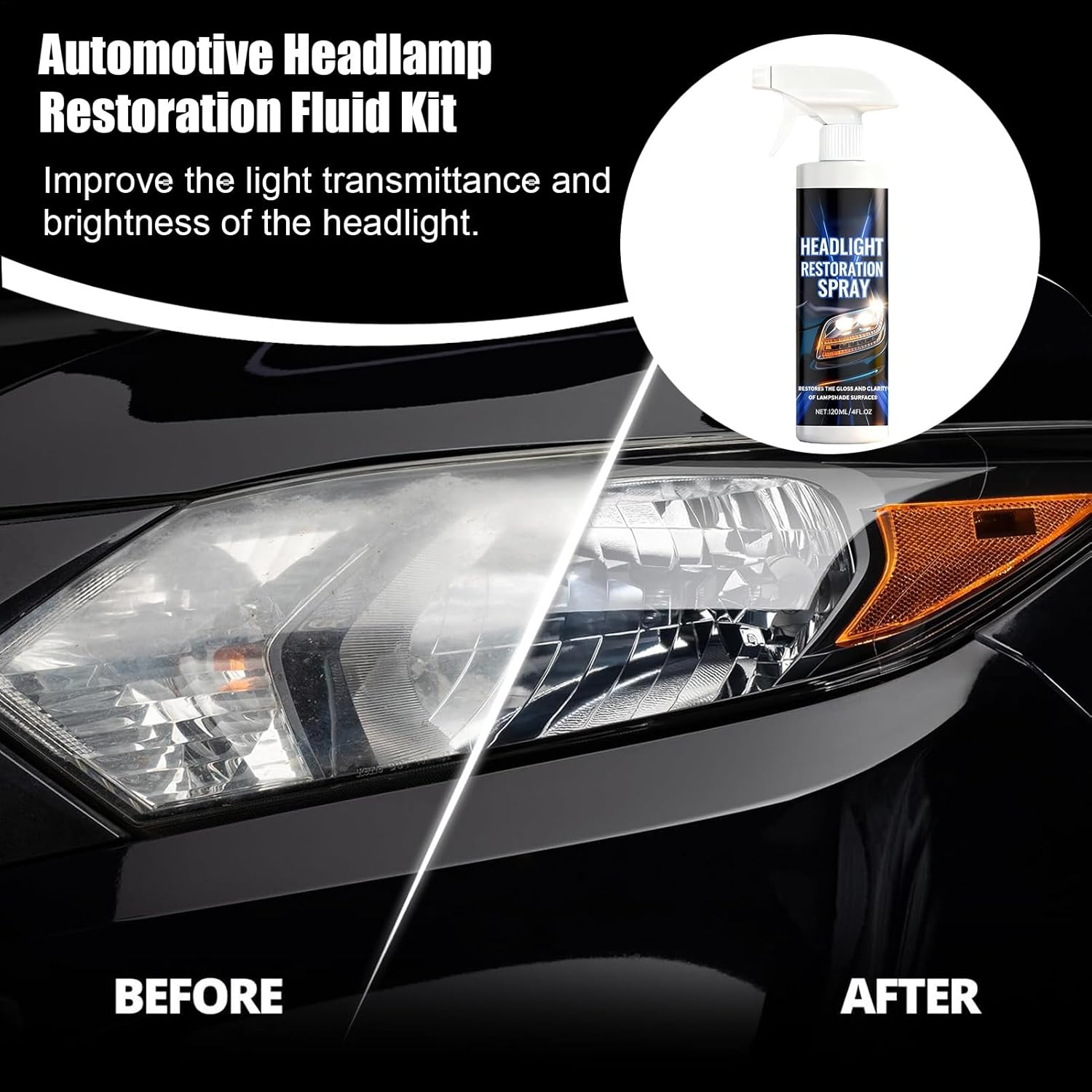 Headlight Restorer Kit,120Ml with Towel and Sponge Long-Lasting Cleaner - Headlight Surfaces Restorer - for Automotive Exterior Motorcycle Garage Clarity Maintenance image number 3