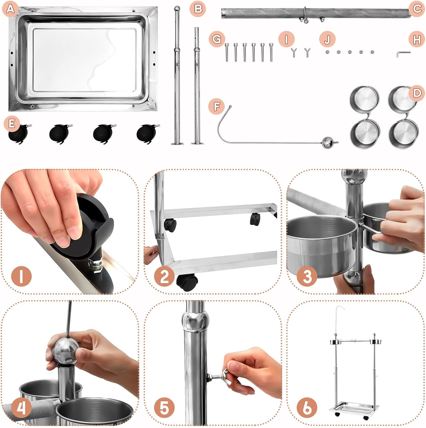 Tandefio Parrot Stand Bird Play Stand 21.65 X 15.35 X 27.95 Inches Large Metal Stainless Steel Bird Playstand Adjustable Height Perch with Universal Wheels and Feeding Bowls image number 1