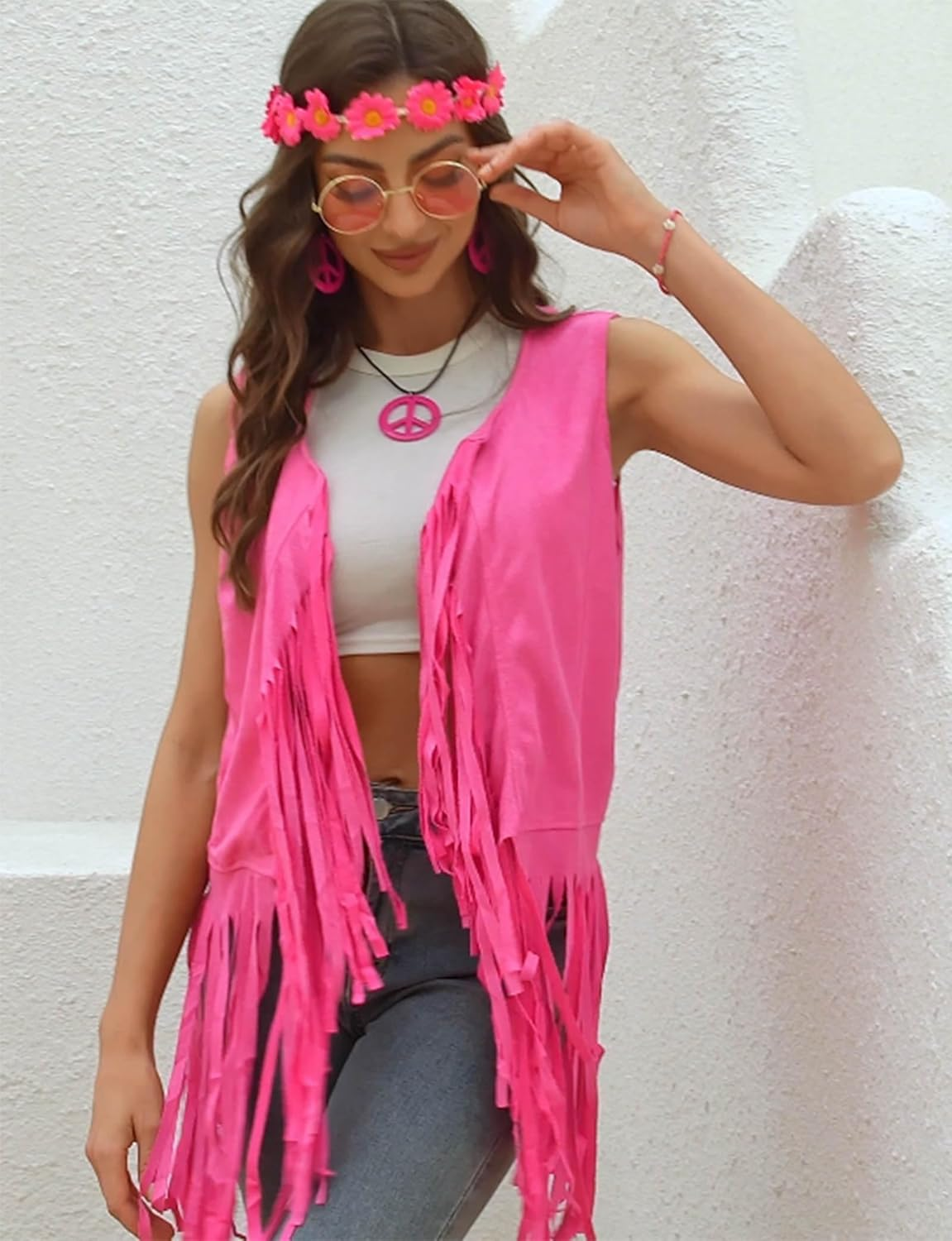 70S 80S Hippie Costume Women Fringe Vest Set Cowgirl Costume 70S Disco Outfit with Accessories, Earrings,Headband image number 2