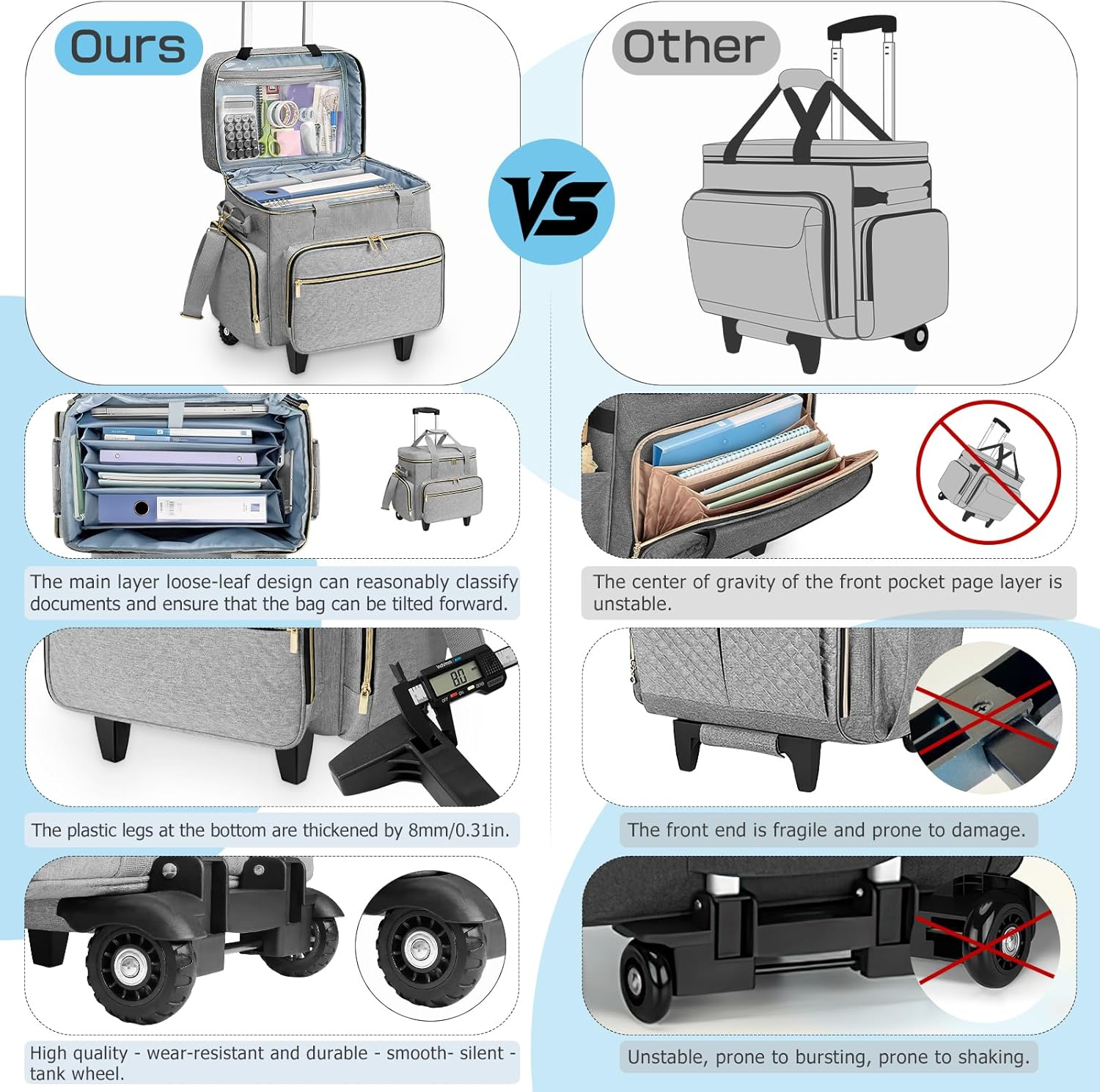 LIWSHWZ Rolling Teacher Tote Bag, Wheeled Teacher Bag with Accordion File Organizer for up to 15.6" Laptop,Thickened Trailer Leg Detachable Trolley for Teaching&Office Supplies Storage（17.3&times;9.8&times;13.4"） image number 2