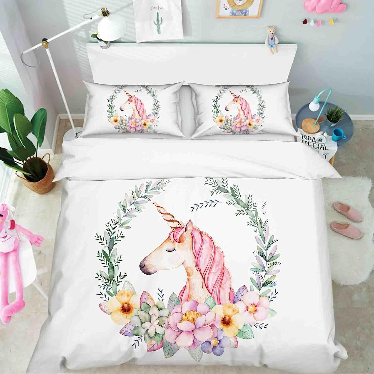 3D Cartoon Watercolor Unicorn Quilt Cover Set Bedding Set with Pillowcases, Single/Double/Queen/King Size (Double) image number 3