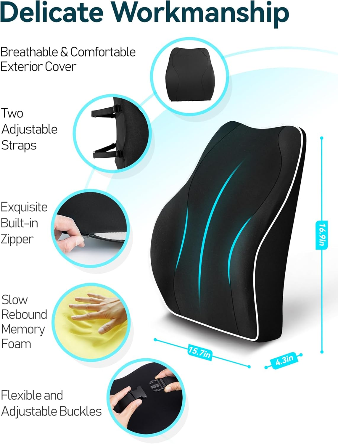 TRAVEL EASE Ergonomic Lumbar Support Cushion, Memory Foam Back Support for Car Seat Office Chair Gaming Chair, Backrest with Skin-Friendly Cover & Dual Adjustable Straps, Black image number 5