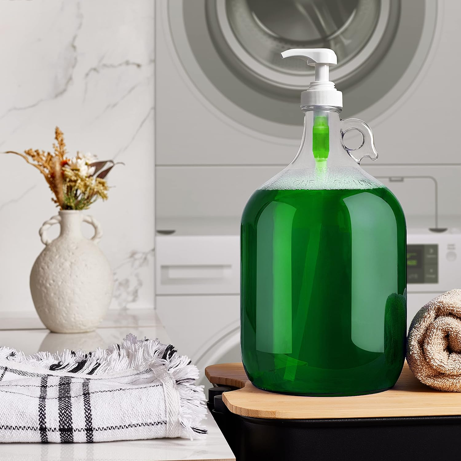 Kitchentoolz Gallon Glass Pump Dispenser Bottle, Large Jug Laundry Liquid Detergent Dispenser with Pump for Laundry Room Organization, Soap, Fabric Softener, Commercial Condiment Dispenser- 128 Oz image number 1