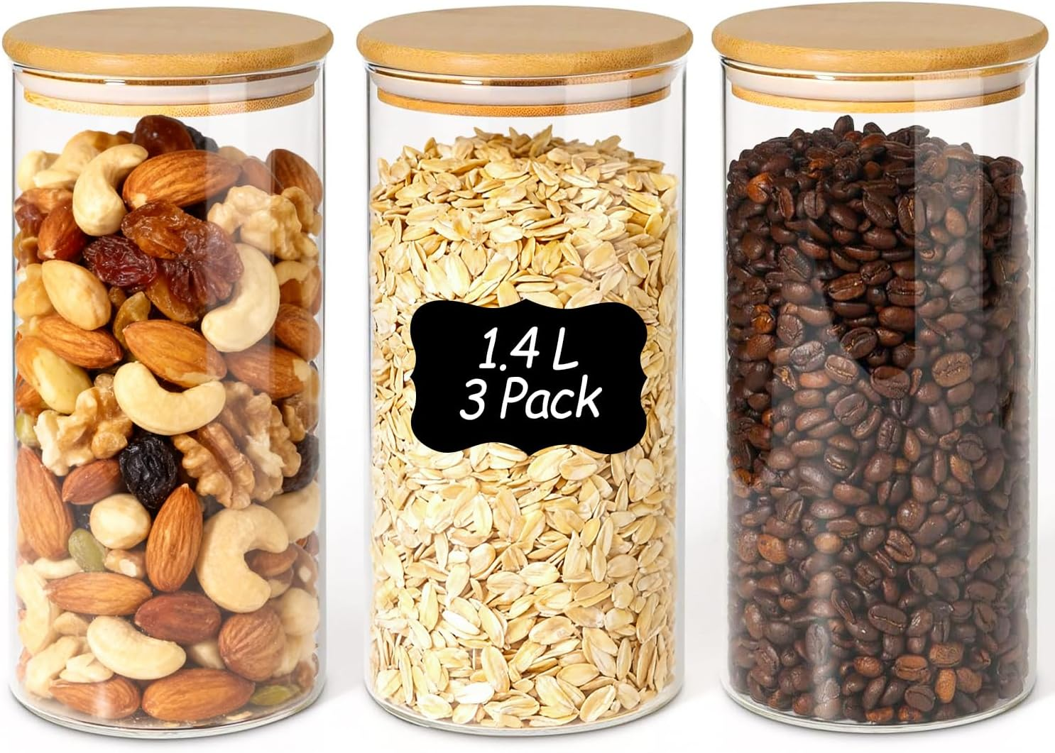 Comsaf Set of 3 Storage Jars with Lids Airtight 1.4 L - Glass Containers with Lid & Storage Jars for Kitchen Organisation, Cornflakes Dispenser and Kitchen Storage & Organisation