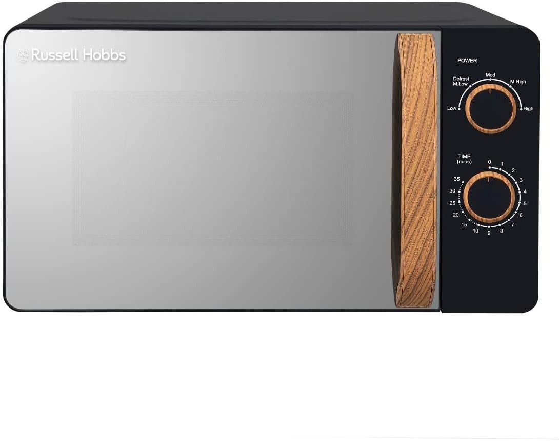 Russell Hobbs RHMM713B-N 17L 700W Scandi Compact Black Manual Microwave with 5 Power Levels, Wood Effect Handle & Dials, Timer, Defrost Setting, Easy Clean image number 4