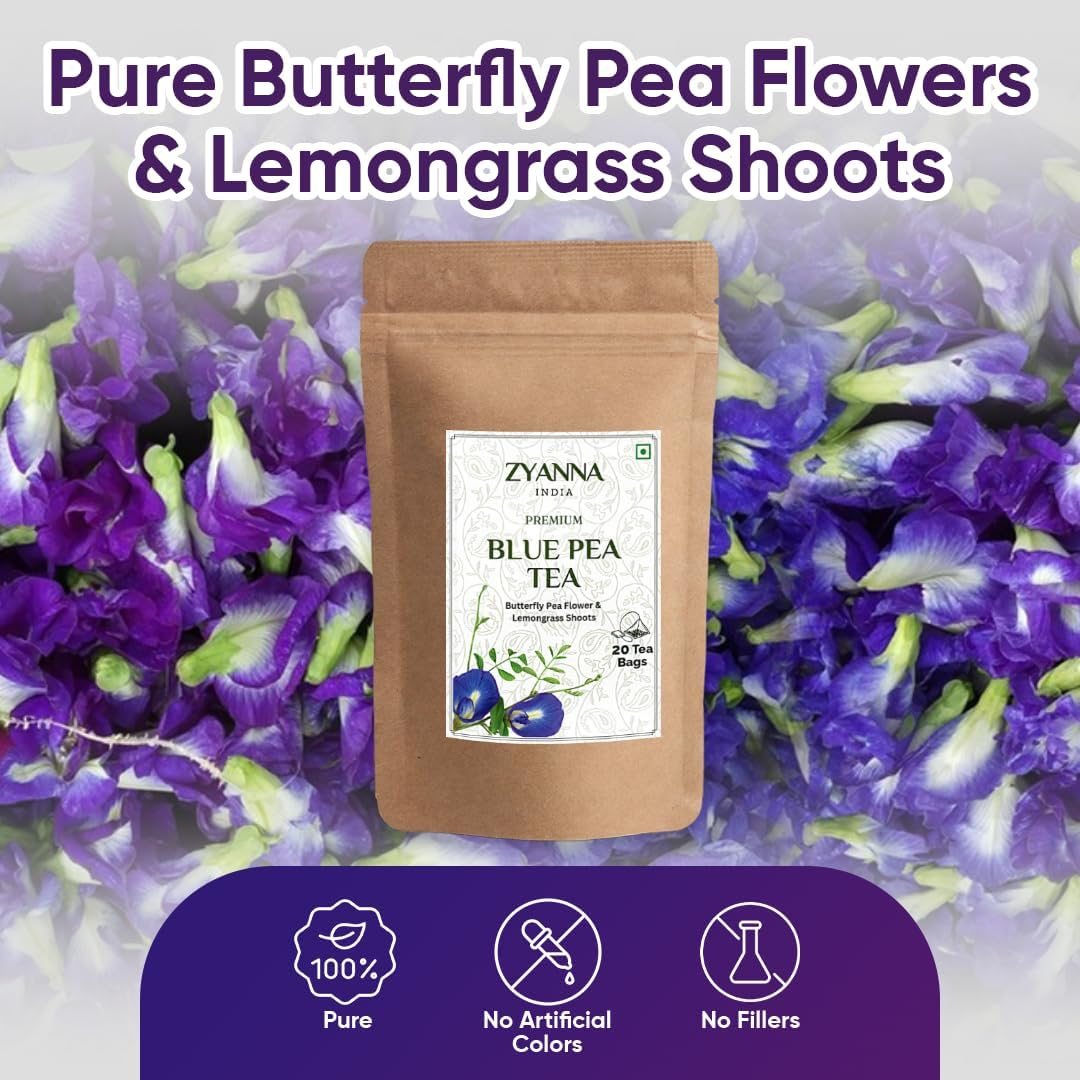 Zyanna Butterfly Pea Flower Tea with Lemongrass &ndash; 20 Pyramid Tea Bags | Caffeine-Free Herbal Blue Tea | Vegan & Non-Gmo | Natural Color for Cocktails, Mocktails | Brew Hot or Iced image number 2