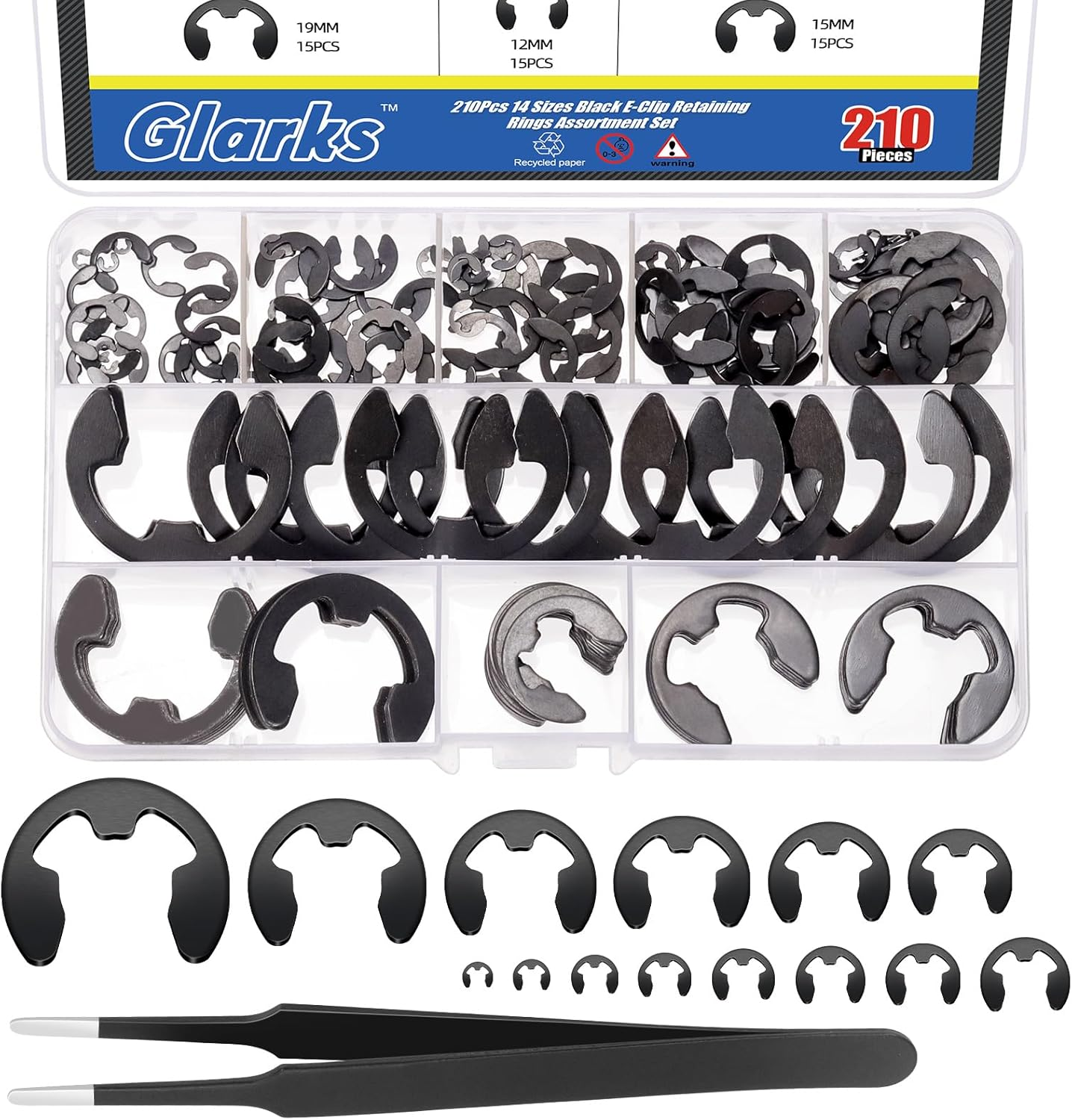 Glarks 211Pcs 65Mn-Steel E-Clips Retaining Rings Assortment Set 14 Sizes E-Ring Circlip Rings Heat Treated External Retaining Clips E-Clips Retainer Circlip Rings with Tweezers for Gears image number 5