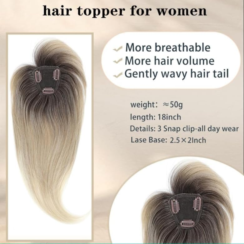 Wesileyern Hair Toppers for Women Human Hair Topper Clip in Fringe Hand-Woven Swiss Base Hair Topper (Ombre Light Brown with Blond Highlight 18Inch) image number 2