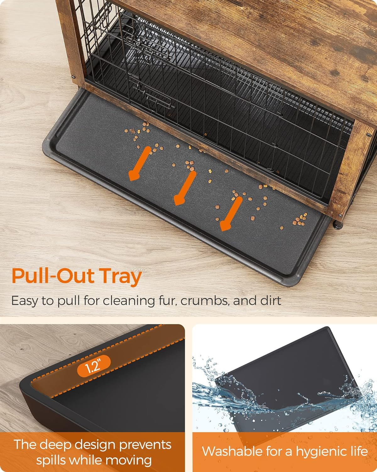 Feandrea Dog Crate Furniture, 98 Cm Side End Table, Modern Kennel for Dogs Indoor up to 32 Kg, Heavy-Duty Dog Cage with Multi-Purpose Removable Tray, Double-Door Dog House, Rustic Brown PFC003X01 image number 5