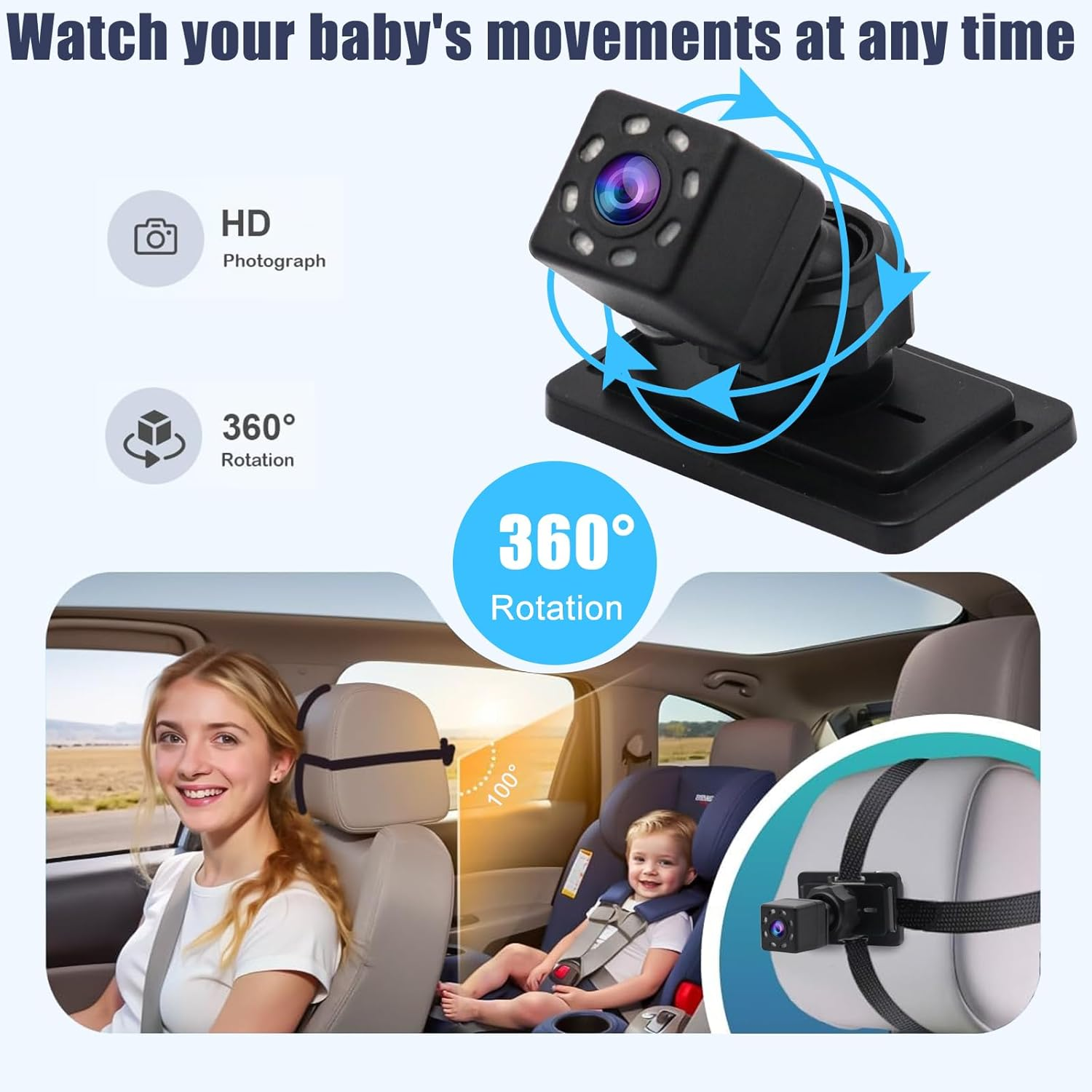 Baby Car Camera, 4.3'' HD Night Vision Function Car Mirror Display, 360 &deg;Rotation, 100&deg; Wide Angle Seat Safety Seat Mirror, Easily to Observe the Baby'S Every Move image number 5