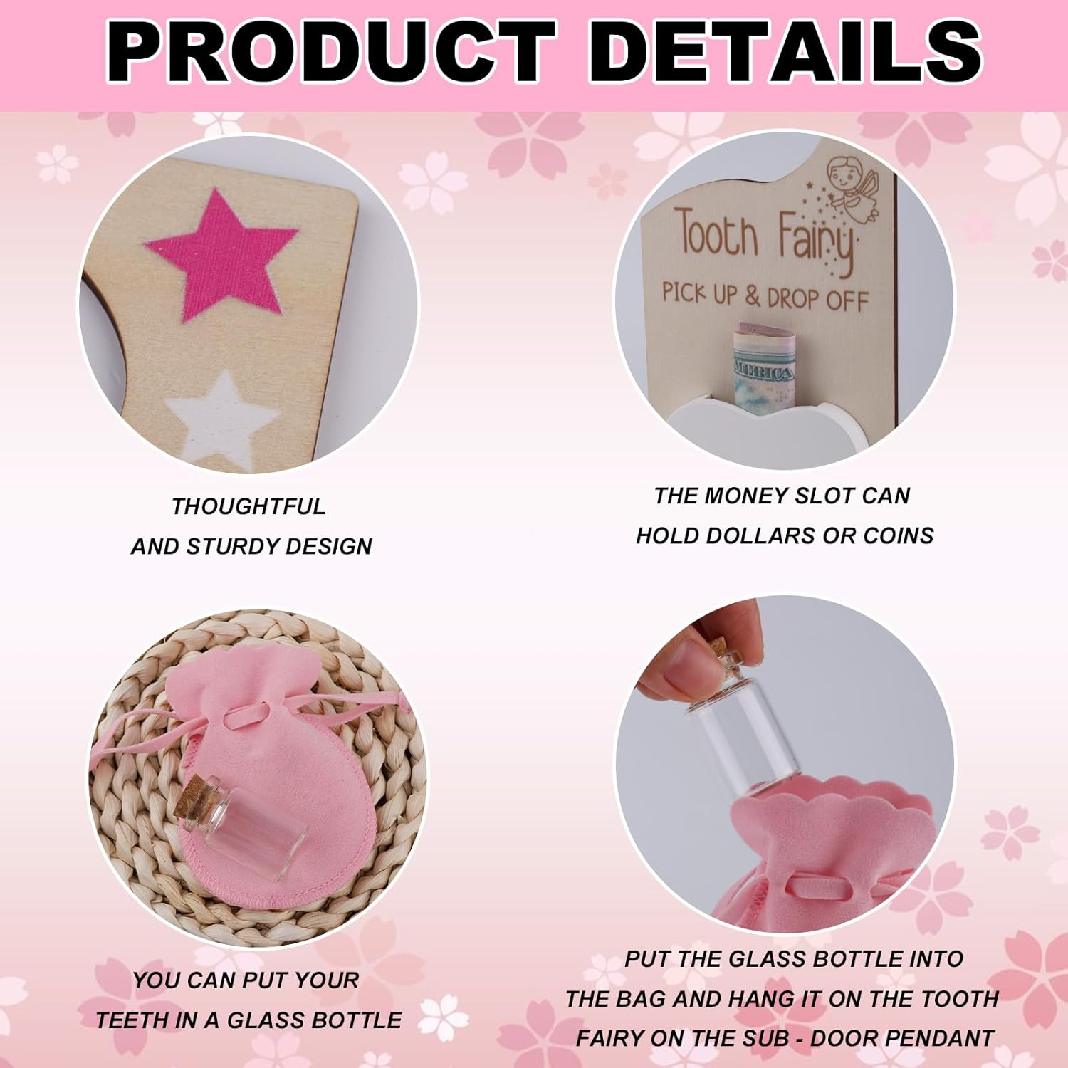 2 Set Tooth Fairy Door Hanger with Slot, Wooden Tooth Door Holder with Bag & Glass Bottle for Kids Room Decor Encourage Gift (Pink & Blue) image number 1