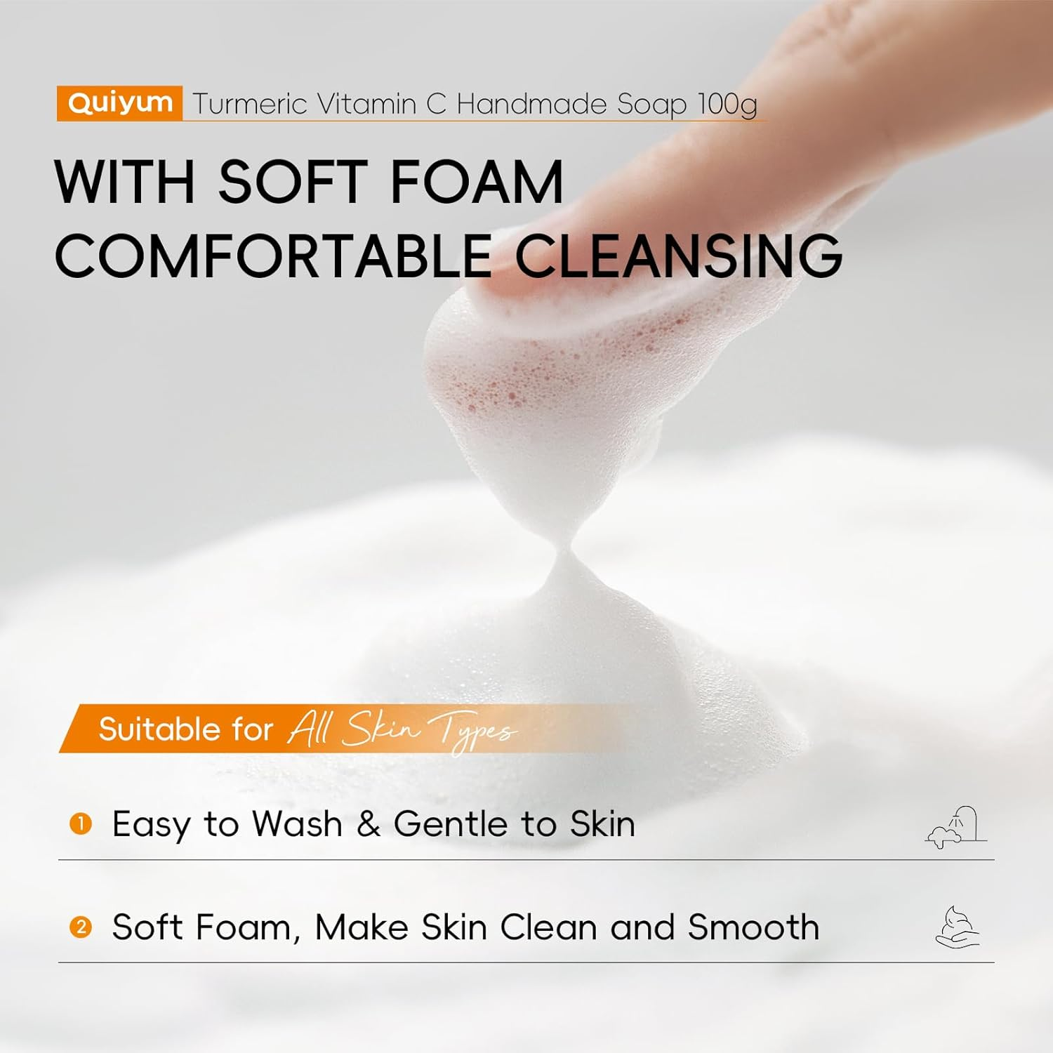 Quiyum Turmeric & Vitamin C Soap Bar (3X120G), Face & Body Cleanser with Aloe Vera, Vitamin E, Collagen & Hyaluronic Acid for Even Skin Tone, Dark Spot, Acne & Smooth Skin, with a Foaming Net image number 2